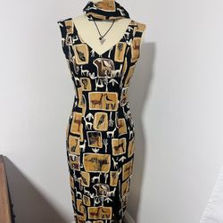 African Queen. Giraffe Safari dress for women vintage design Dress With Scarf With Black Fringe. Costume Vintage Style. Size Is Medium. Pick Up only