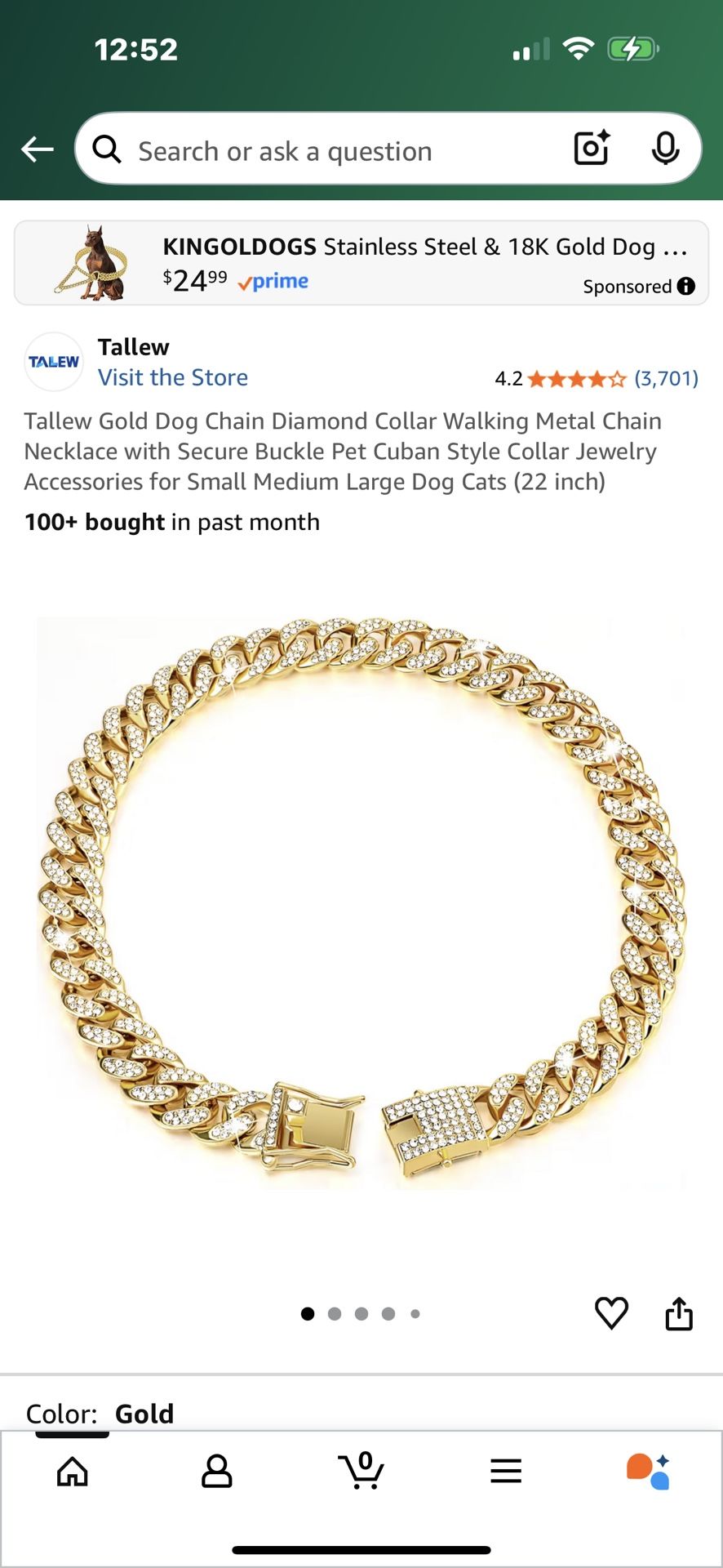 $10-Gold Dog Chain Diamond Collar Walking Metal Chain Necklace with Secure Buckle Pet Cuban Style Collar Jewelry Accessories for Small Medium Large Do