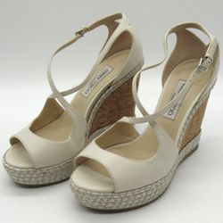 Jimmy Choo Dakota 120 Wedge Sandals 39.5 Off White Leather Cork Platform Shoes