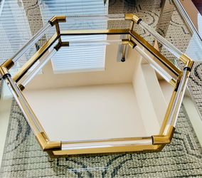 hexagonal lucite and brass mirrored vanity tray