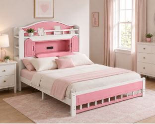 Queen Size Pink and White Wood Platform Bed with Storage Headboard