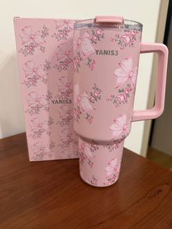 Pink Floral Bow Tumbler Cup w/ Handle & Lid – 40oz Style – New in Box