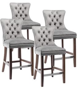 Set of 4 Velvet Bar Stools with 27 Inch Wing Back with Back Button and Nail Head Trim, Uphol