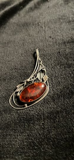 AMBER STONE Large Art Nouveau Vintage Pendent And pin 