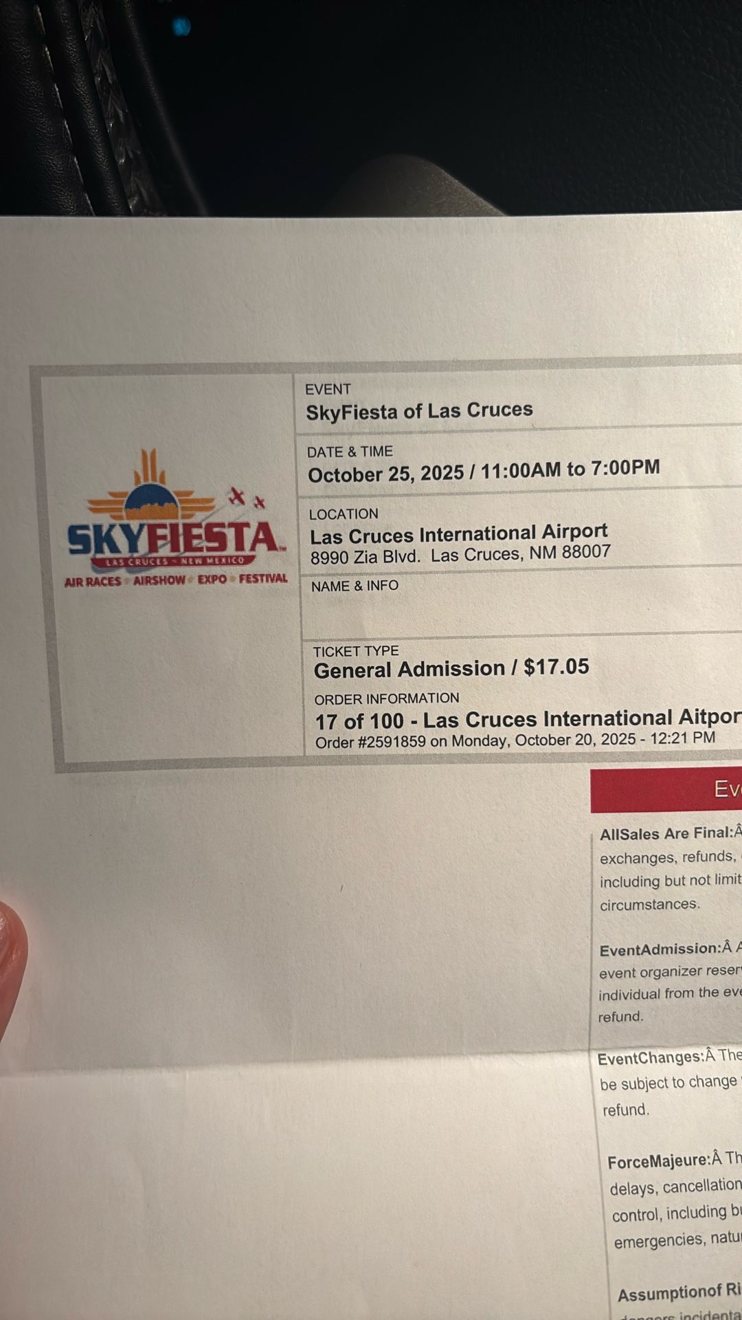 SkyFiesta Tickets For Sale. 5 In Total $15 Each