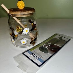 Hand-painted Glass Honeybee Honey Pot with Rhinestones and Wooden Lid & Dipper and Honey Spoon