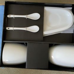 Set Of Two Cups With Spoons And Serving Tray/Dish
