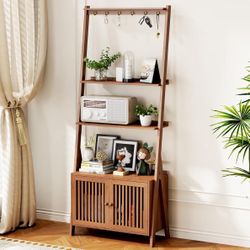 New Bookcase with Drawers, 4-Tier Bookshelf Ladder Shelf with 6 Hooks