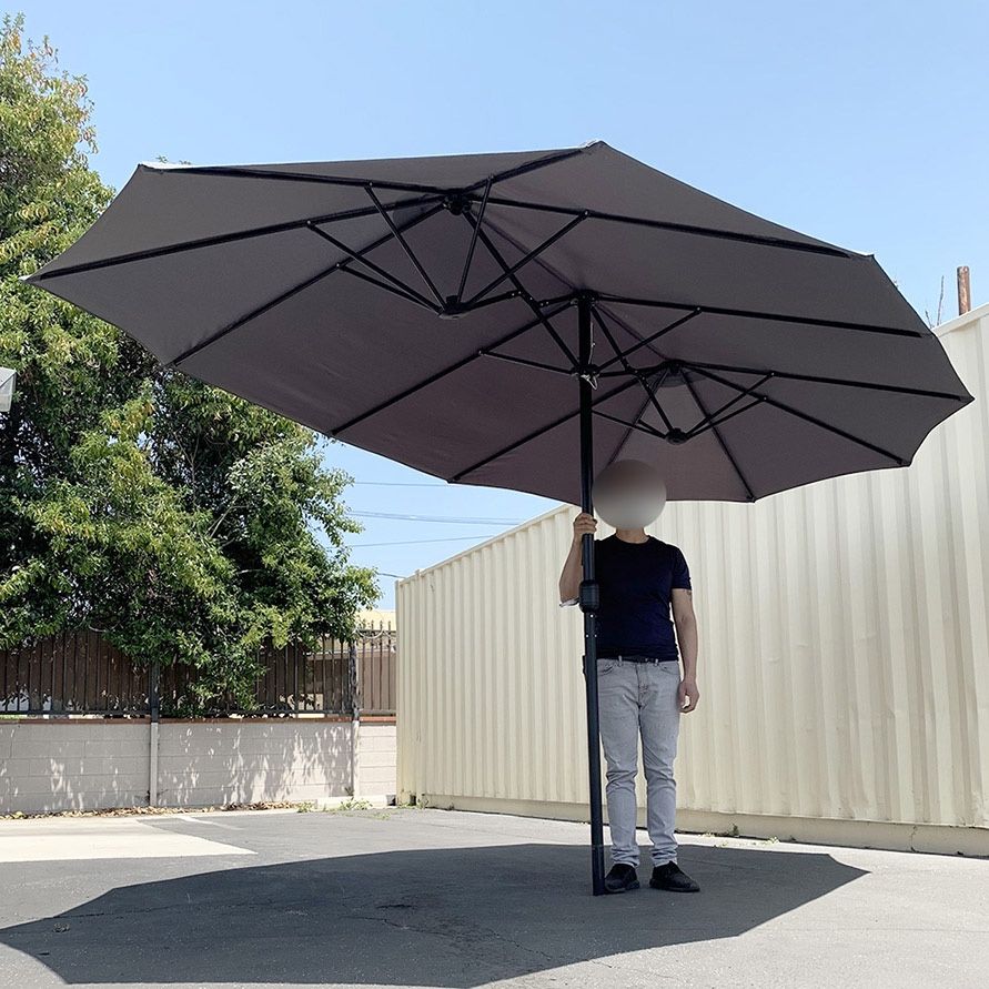 (NEW) $95 Large 15 FT Double Sided Umbrella Outdoor Patio, Gray/Red color (Weight base not included)
