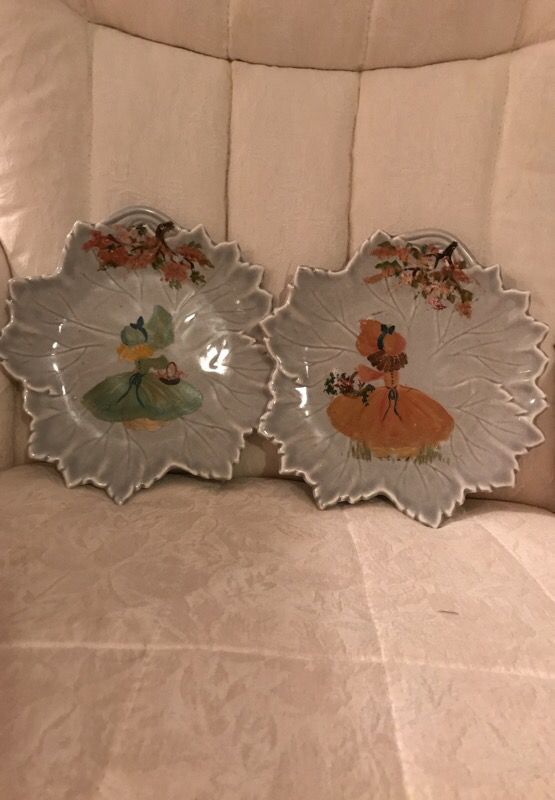 Two Beautiful hand painted girls on porcelain leaf plates