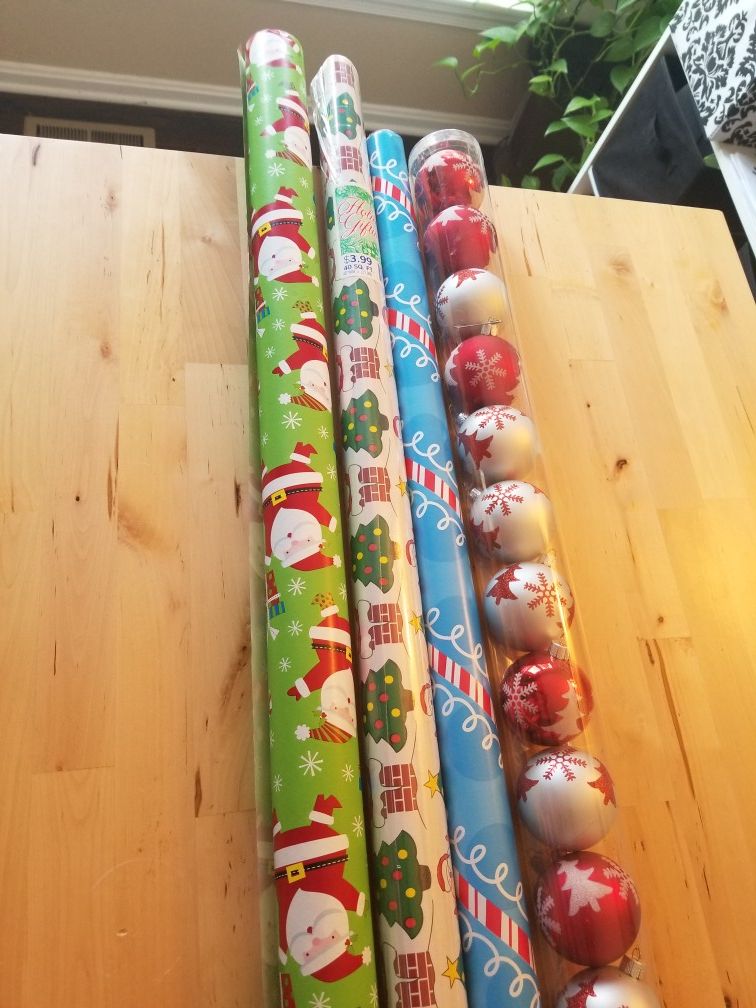 Christmas wrapping paper and bulbs