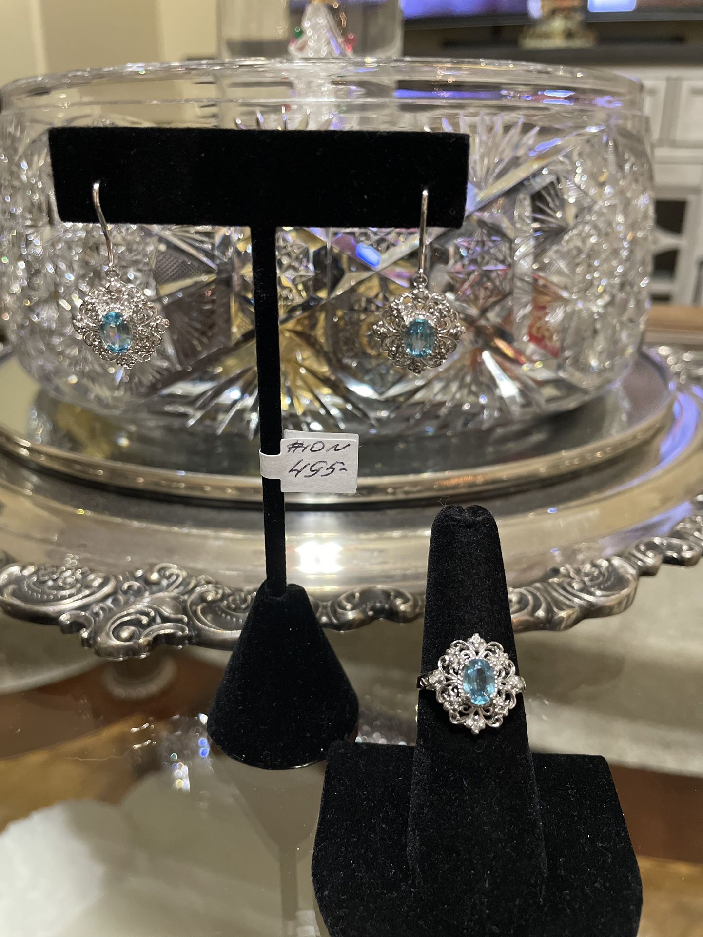 10K Gold Aquamarine Diamonds Earrings And Ring Set 