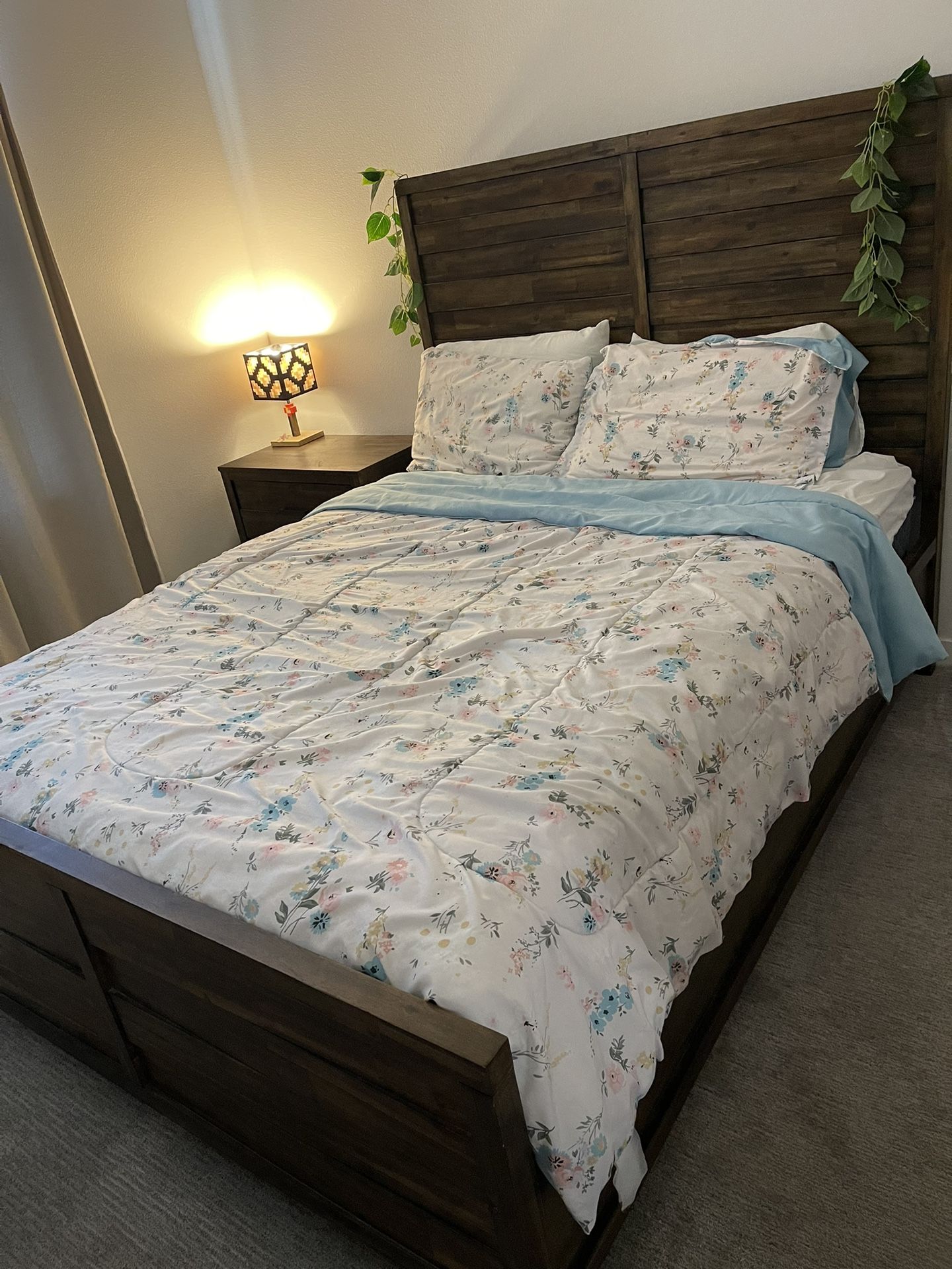 Queen Bed Frame, Side Table And Matress