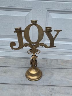 Vintage Gold”JOY”Metal Candelabra Taper 3-Arm Candle Holder Victorian Stand 19”