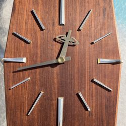 Mid Century Teak Wood Wall Hanging Clock, Made In Japan
