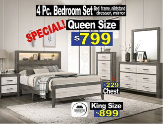4 Pc Bedroom Set, recamaras, furniture, Bed, Cama, Dresser, Mirror, Nightstand
