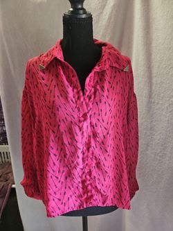 Pink Satin Arrow Print Button-Up Blouse