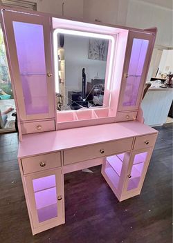 ASSEMBLED! FANRAL 41.5" Large Vanity with Mirror and Lights,Makeup Vanity with RGB Cabinets & Charging Station,Pink Vanity