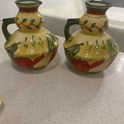 Pamela Gladding Certified International Oil and Vinegar ceramic Cruet W/ Lids