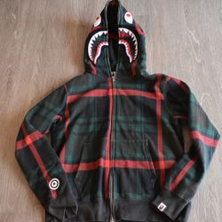 AUTHENTIC A BATHING APE BAPE CHECK SHARK FULL ZIP HOODIE GREEN, MEDIUM, (Used)
