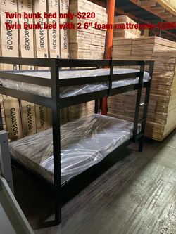 Twin bunk bed. Comes in espresso. Assembly required. Assembly not included. Taxes included. Free delivery.  Bunk bed only-$220 Bunk bed with mattresse