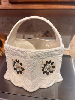 White Ceramic Basket with Floral Medallions