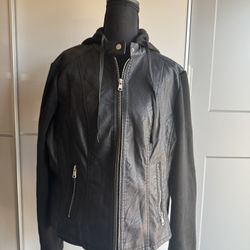 Faux Leather Hooded Biker Jacket 