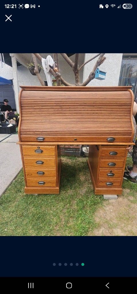 Beautiful roll top deskVintage Beautiful American 54" Oak Desk Carved Golden Oak Roll Top Desk