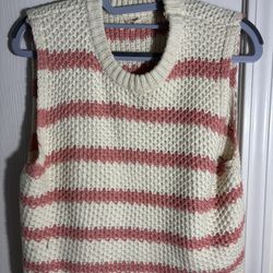 La Miel Striped Knit Sweater Vest Cream Pink Crochet Sleeveless Pullover Size S