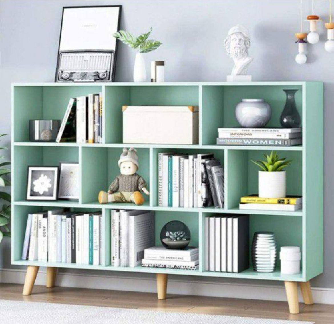 IOTXY Wooden Open Shelf Bookcase - 3-Tier Floor Standing Display Cabinet Rack with Legs, 10 Cubes Kids Bookshelf, Tiffany-Green  