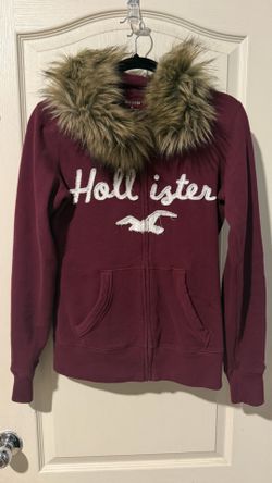 Hollister Women's Burgundy Faux Fur Trim Zip-Up Hoodie - Size Medium