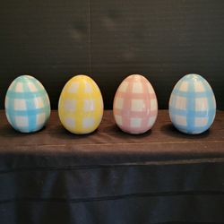 Set Of 4 Martha Stewart Ceramic EASTER EGGS Pastel Plaid Checker Design 