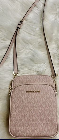 Michael Kors Blush Pink Logo Crossbody Bag Gold Chain Double Zip Compartments