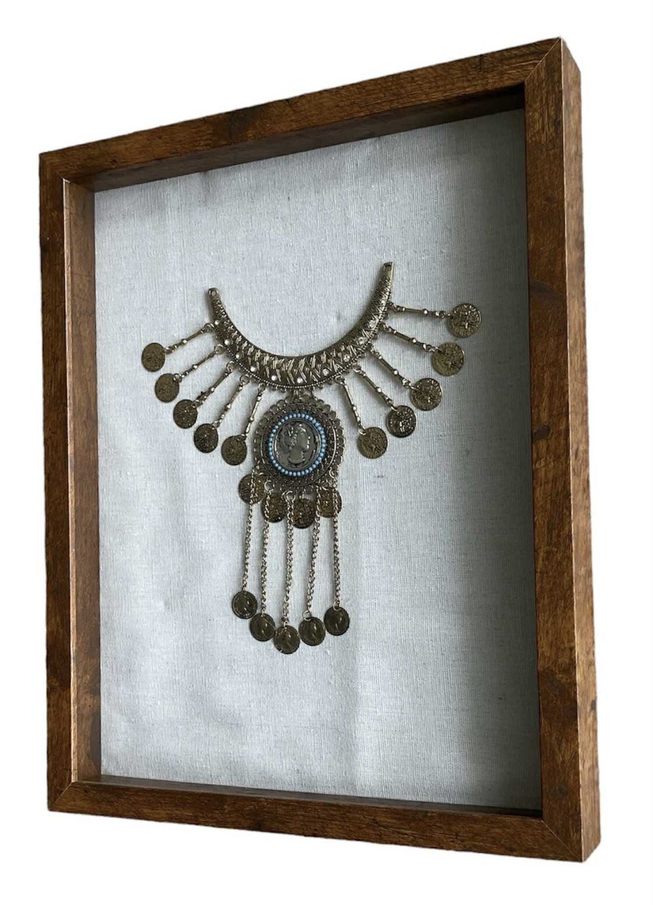 Vintage Jewelry Art Framed Shadowbox Coins Necklace 14.7x11.7x1.7 inches