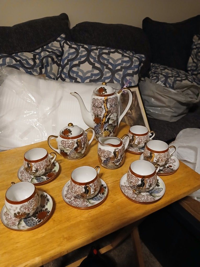 17 Pc.  Japanese Peacock Tea Set Vintage 