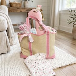 NEW Baby Girl Gift Set - Diaper Bag Tote + GUND Giraffe Learning Toy Backpack + 10 Diapers + 9M Pajamas + Pacifier Clip 