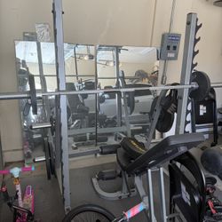 Olympic Barbell And Weights With Bench  And Rack