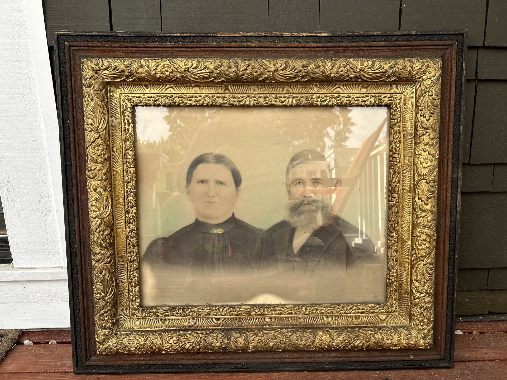 Antique Victorian Large charcoal drawing of Man and Women in Ornate Wood Frame—Antique Wall Art