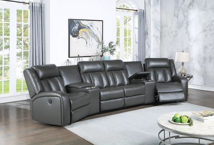 Brand New Grey Leather Theater Style Sectional Sofa