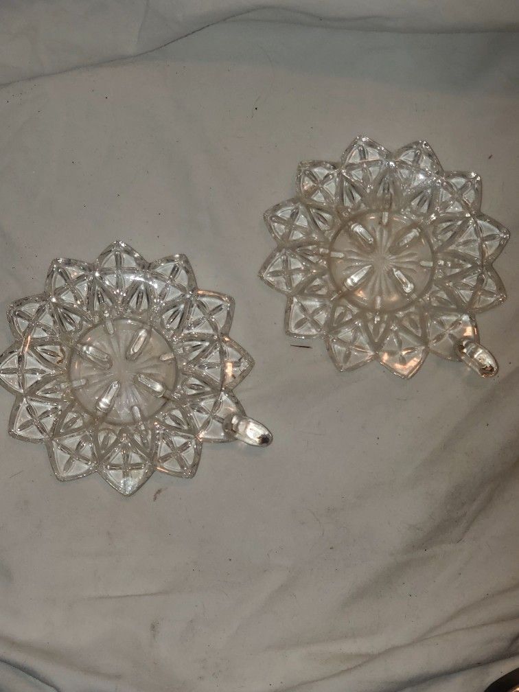 Vintage 1950’s Federal Glass Set of 2 Petal Star Flower Candle Lamp Base Holders

