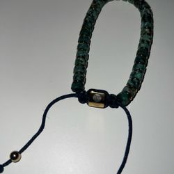 Green Agate Bead Blue Cord Bolo Bracelet in Gold-Tone Ion-Plated Stainless Steel