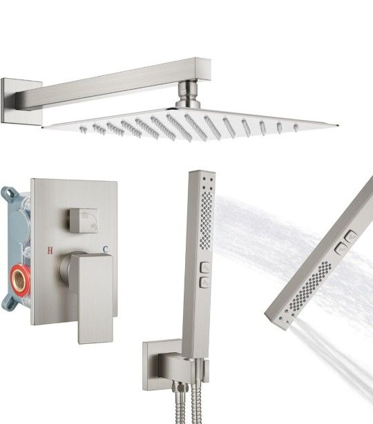 GBBNE shower Faucet System 10in Rainfall Head 2 Function Handshower With Rough-in Valve Brushed Nickel New