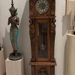 79” Horner Alder Look Ornate Carved Wood Antique Grandfather Clock. Male & Female Figures. Chimed Quarterly Removed Weights, S Hook Opening. Pendulum.