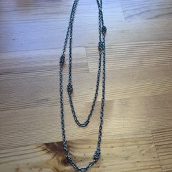 VINTAGE ANTIQUE ART DECO VERY LONG ORNATE SILVER CHAIN NECKLACE
