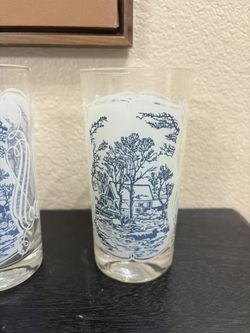 Currier & Ives Blue House Royal USA Stencil White Decal Drinking Glasses 