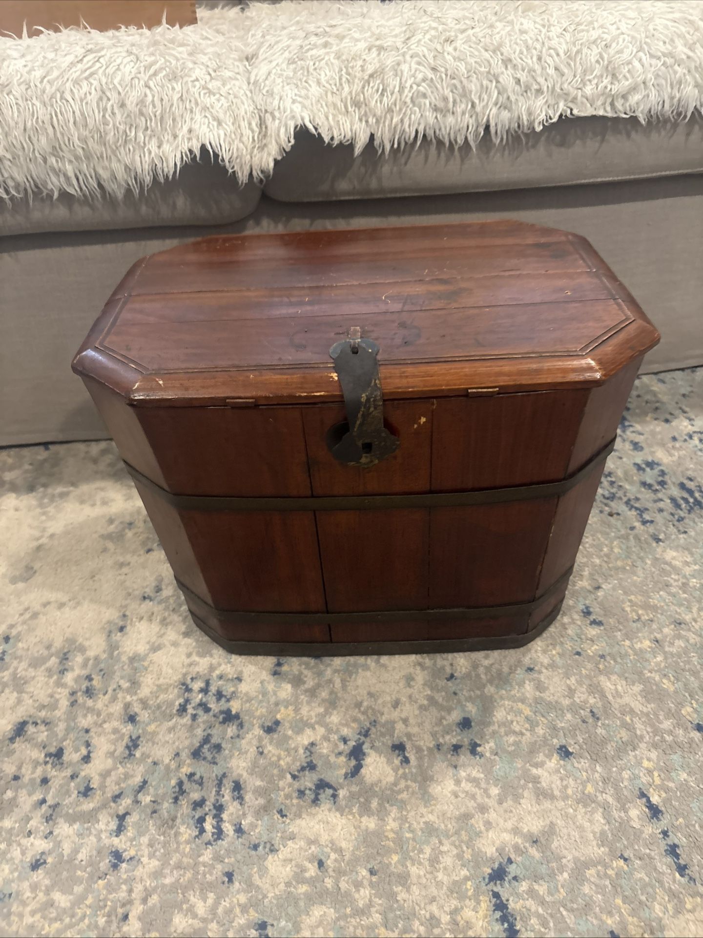 Antique Chinese Wooden Grain Box With Metal Handles And Accent