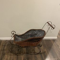 Large Victorian doll sleigh Snow ride Wicker wooden buggy vintage