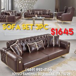 New Brown Leather Living Room Sofa Set 3pc - Delivery And Financing Available 