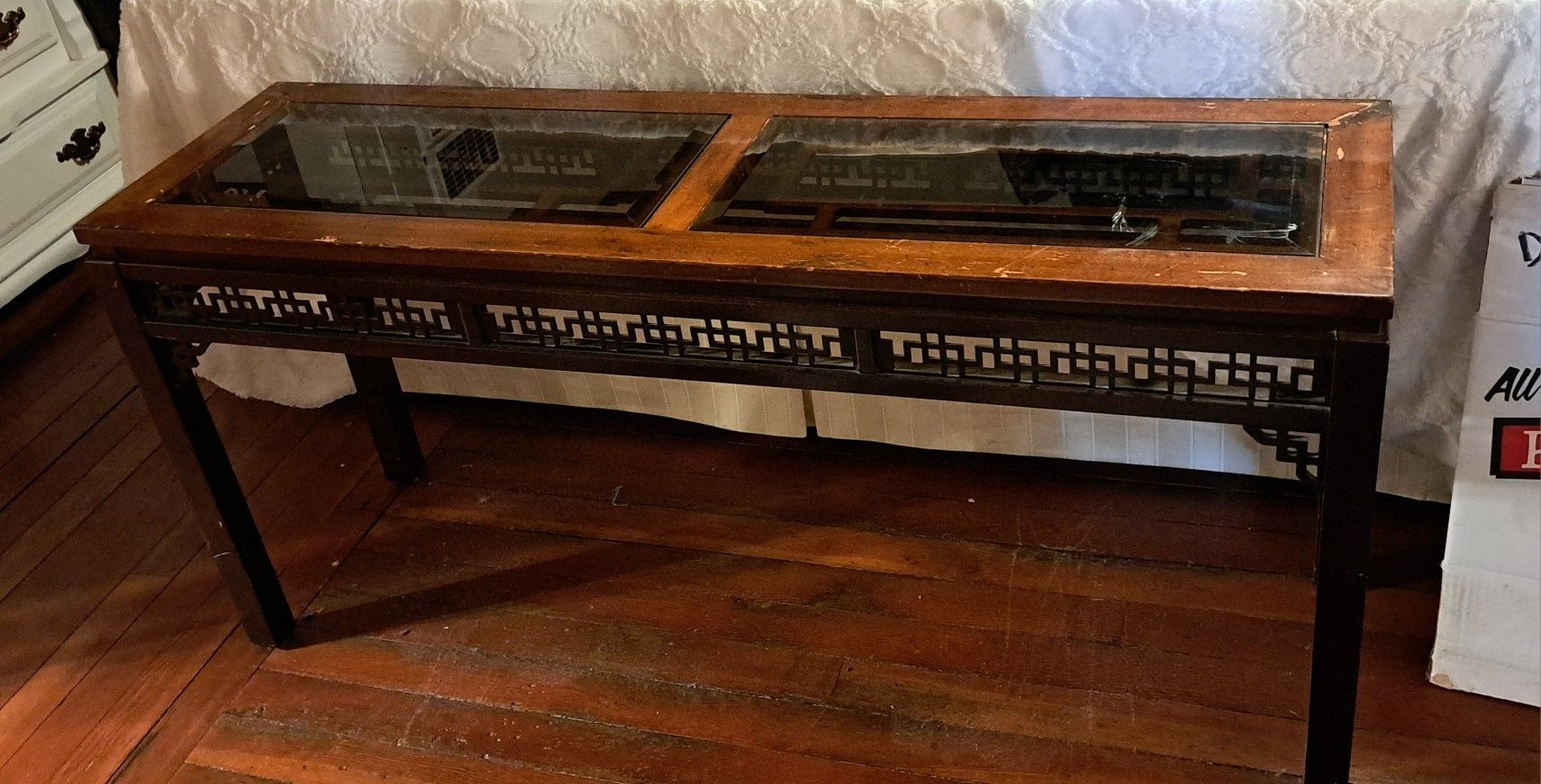 Lattice Wood Sofa/Console Table with Smoke Glass Top