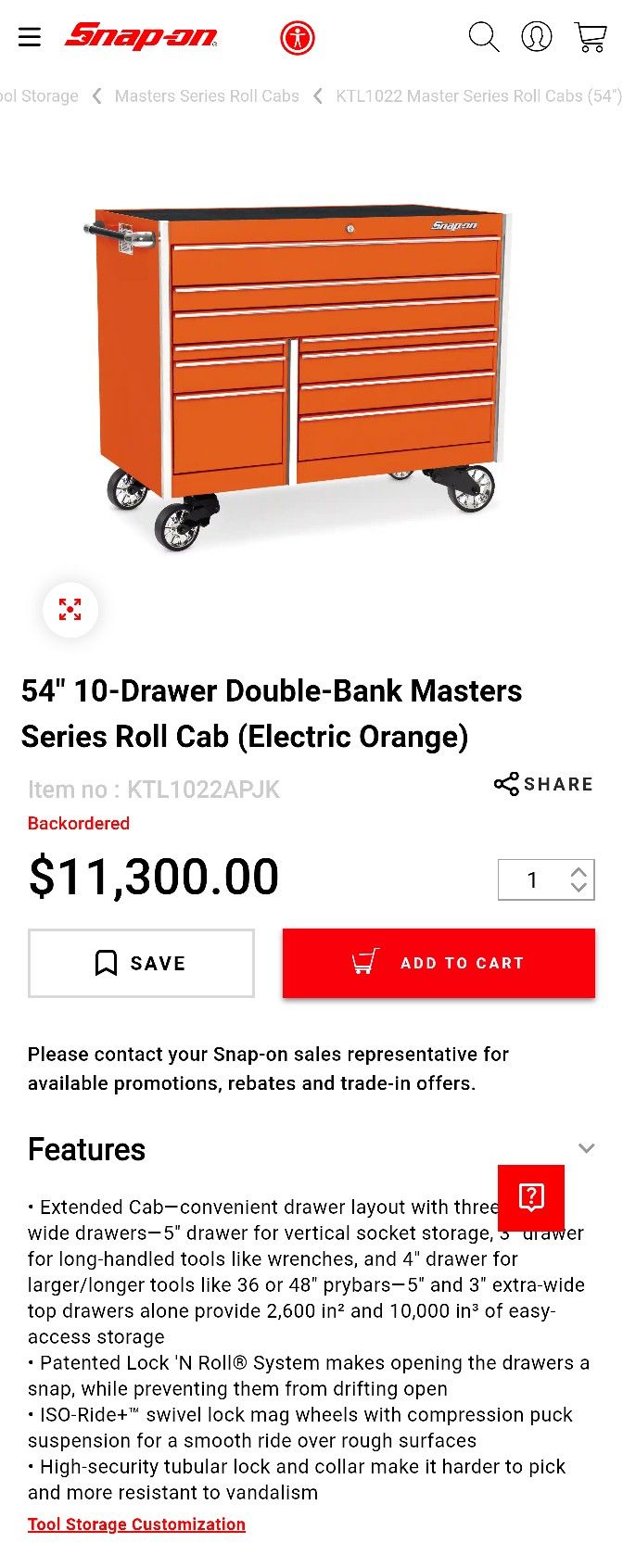 Snap On 54" Master Series Roll Cab
